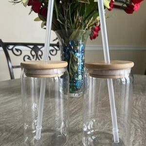 Glass Tumbler Set with Bamboo Lid and Straw
